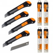 ZESTAW 4 X NÓŻ BUDOWLANY PLASTIKOWY 18 MM + 4 X  OSTRZA ZAPASOWE 18 MM 10 SZT