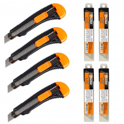 ZESTAW 4 X NÓŻ BUDOWLANY PLASTIKOWY WZMOCNIONY 18 MM + 4 X OSTRZA ZAPASOWE 18 MM 10 SZT
