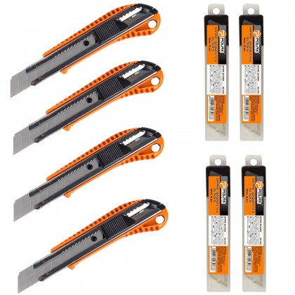 ZESTAW  4 X NÓŻ BUDOWLANY METALOWY Z AUTOMATYCZNĄ BLOKADĄ 18 MM + 4 X  OSTRZA ZAPASOWE 18 MM 10 SZT
