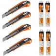 ZESTAW  4 X NÓŻ BUDOWLANY METALOWY Z AUTOMATYCZNĄ BLOKADĄ 18 MM + 4 X  OSTRZA ZAPASOWE 18 MM 10 SZT