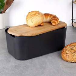 CHLEBAK Z BAMBUSOWĄ POKRYWKĄ DESKĄ pojemnik na pieczywo CZARNY 33x18,5x12 cm