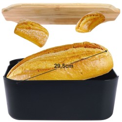 CHLEBAK Z BAMBUSOWĄ POKRYWKĄ DESKĄ pojemnik na pieczywo CZARNY 33x18,5x12 cm