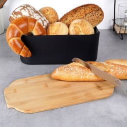 CHLEBAK Z BAMBUSOWĄ POKRYWKĄ DESKĄ pojemnik na pieczywo CZARNY 33x18,5x12 cm